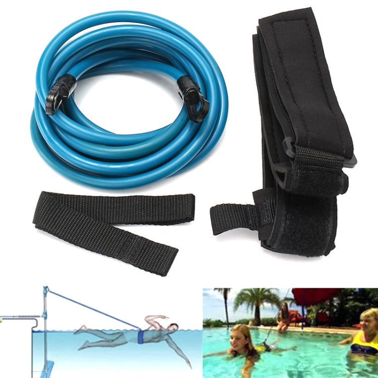 Swimming resistance elastic training rope with blue cord, black belt strap and connector clips