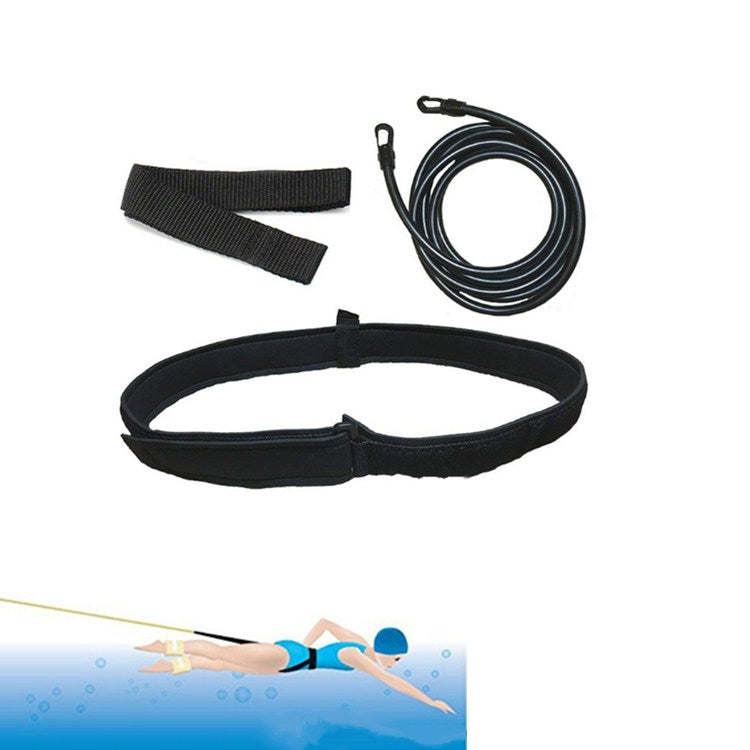 Swimming resistance elastic training set with black belt, coiled black cords, and attachment straps