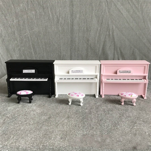 1:12 Mini House Toy Simulatio Piano and Bench, White, Pink, Black