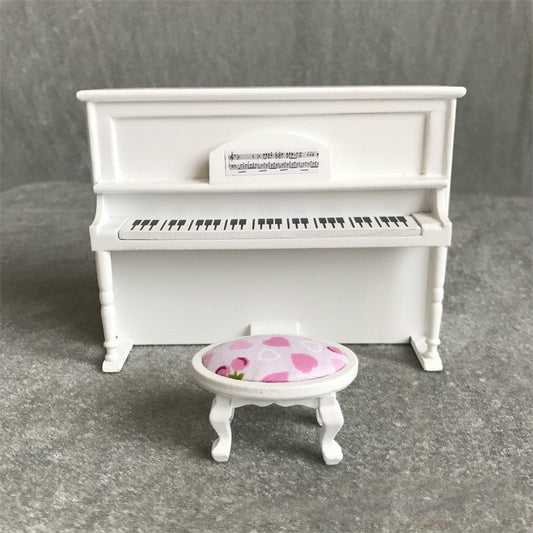 1:12 Mini House Toy Simulatio Piano and Bench, White, Pink, Black