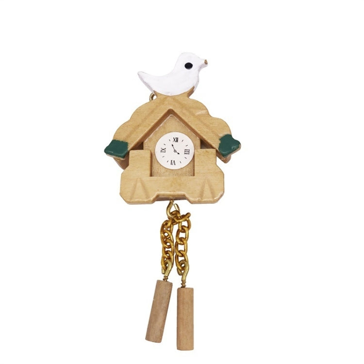 Mini wooden birdhouse wall clock with white bird top, round clock face, chain with weights