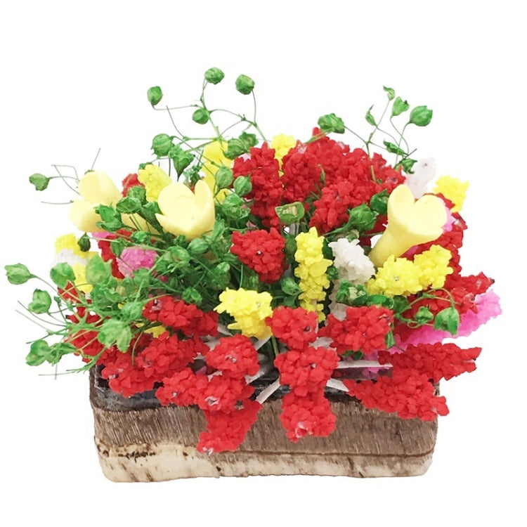 Mini clay flower bouquet in rectangular planter, red, yellow, and pink blossoms with green stems