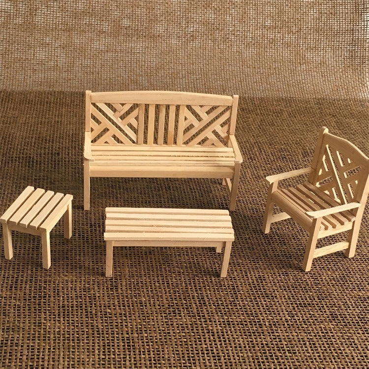 Mini wooden dollhouse garden bench and chairs, slatted design, light finish