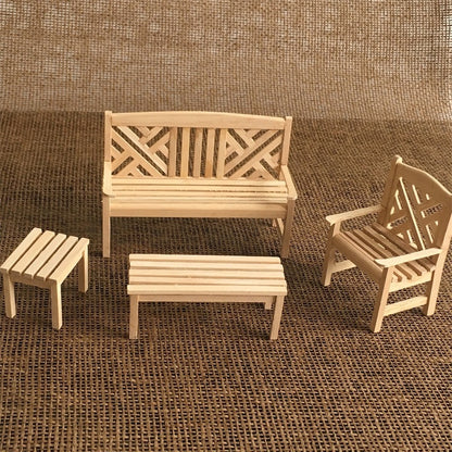 Mini wooden dollhouse garden bench and chairs, slatted design, light finish