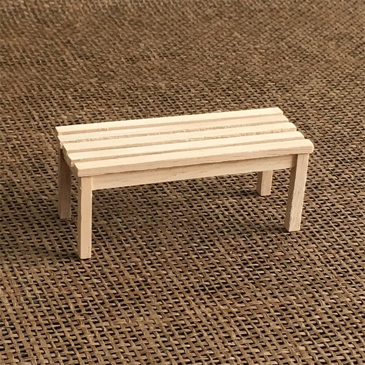 Mini wooden dollhouse garden bench stool, slatted top and legs, light finish
