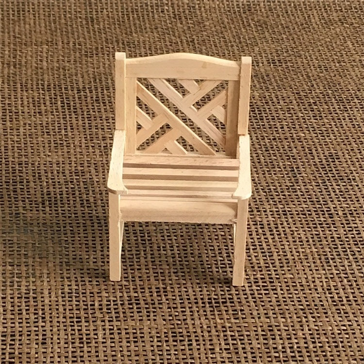 Mini wooden dollhouse garden chair, lattice back, slatted seat, light finish