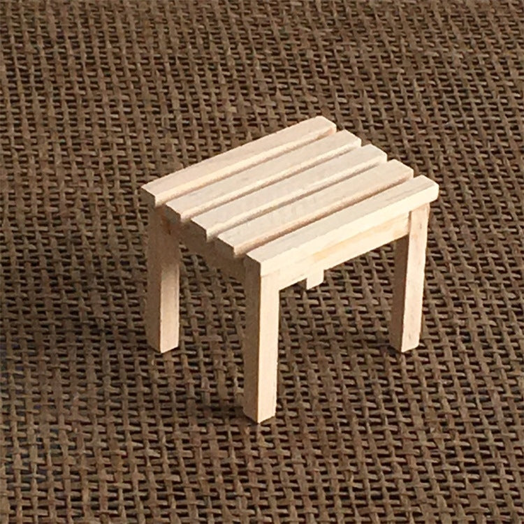 Mini wooden dollhouse garden stool, slatted top, four legs, light finish