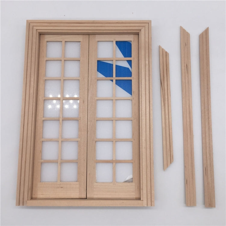 Mini dollhouse double door frame with window grid panels and matching wood pieces