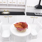 Mini dollhouse bread basket with red plaid cloth liner, mini bread slices and rolls
