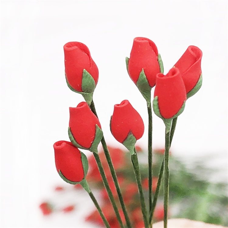 Mini rose stem toy cluster with red flowers and green leaves, 1:12 scale