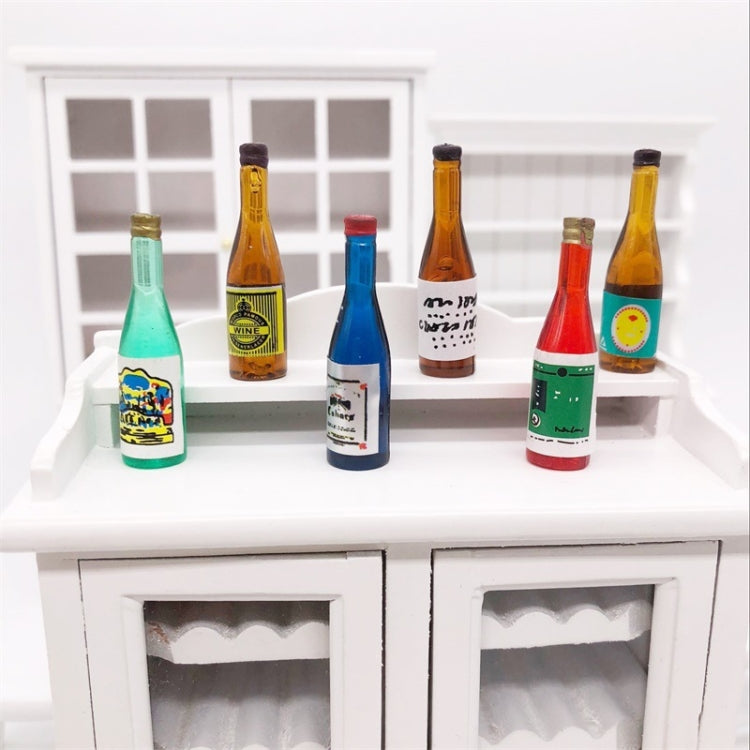 Mini wine drink bottle ornaments set arranged in a dollhouse display shelf, assorted colors.