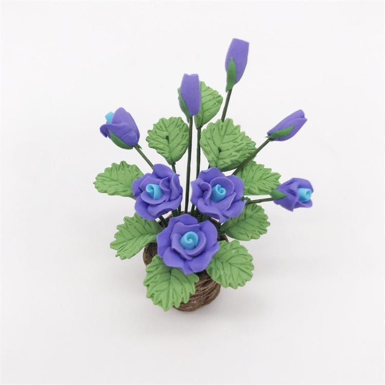 Mini rose flower model toy with purple blooms, green leaves, and brown pot