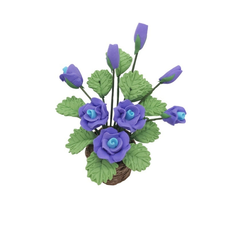 Mini rose flower bouquet toy with purple roses, green foliage, and brown mini vase