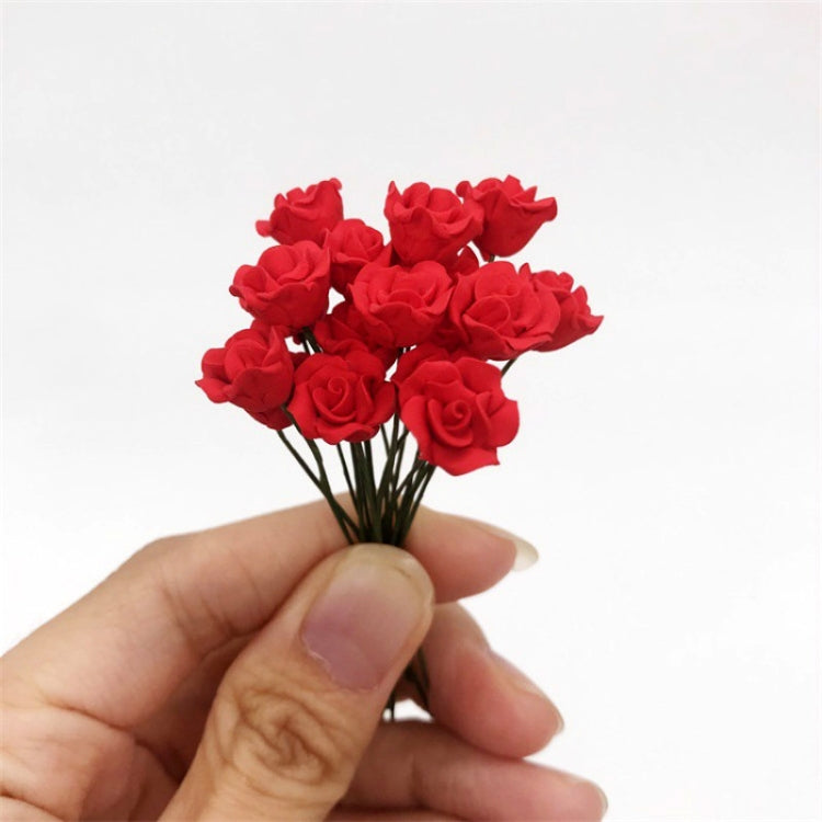 Mini dollhouse rose bunch, dark red petals on thin green stems