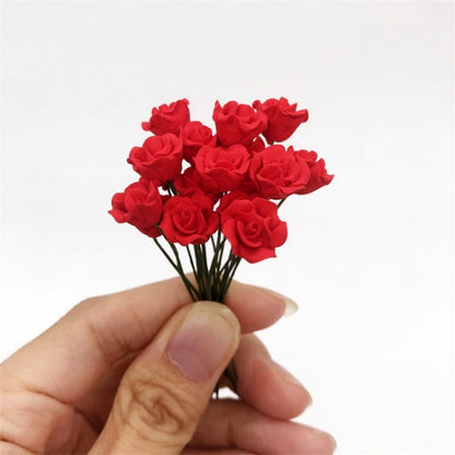 Mini dollhouse rose bunch, dark red petals on thin green stems