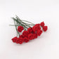 Mini dollhouse rose cluster with green stems, dark red flowers