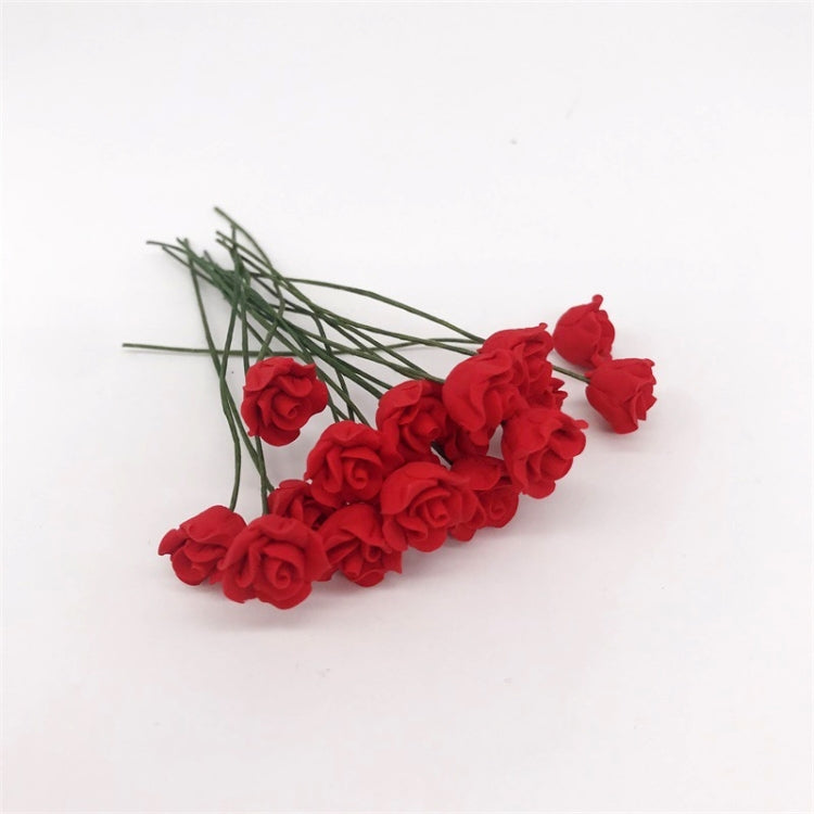 Mini dollhouse rose cluster with green stems, dark red flowers