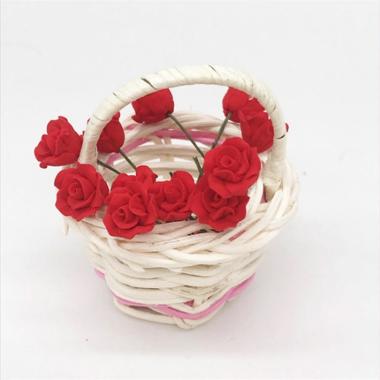 Mini dollhouse woven basket with dark red rose heads and green stems