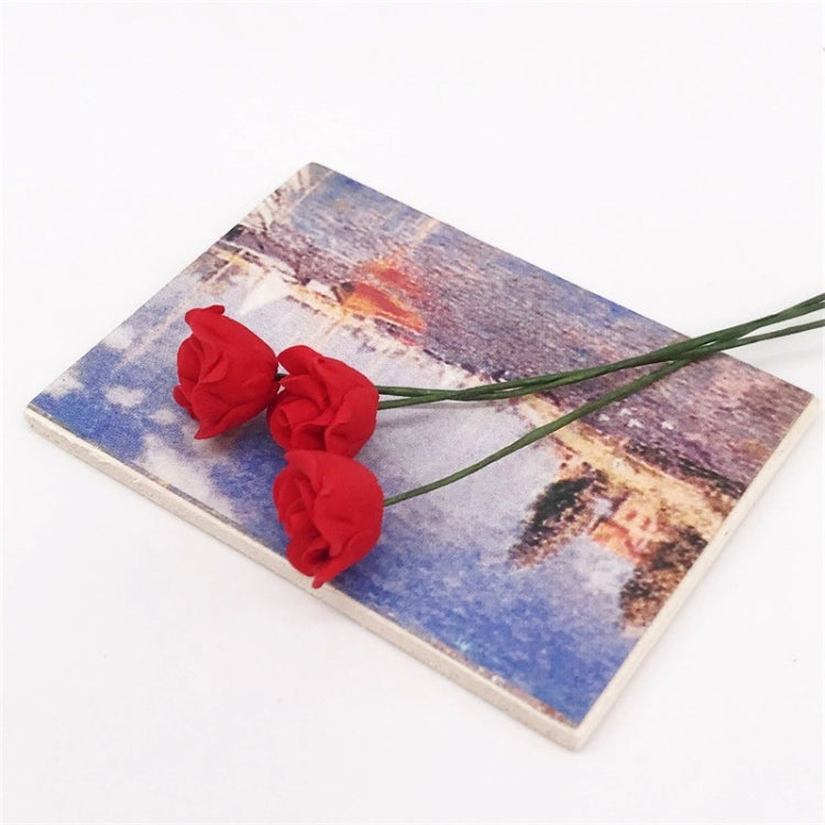 Mini dollhouse dark red rose stems on printed card