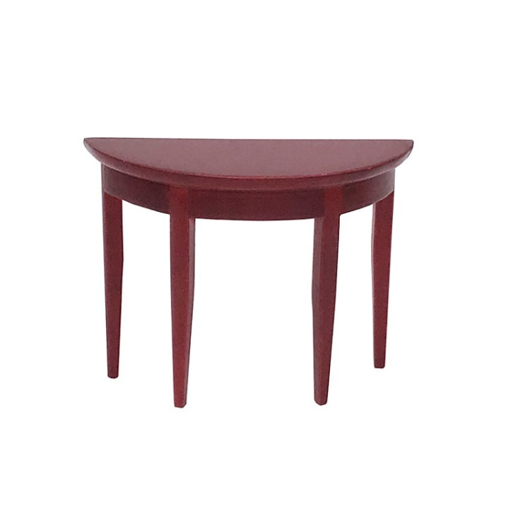 Dollhouse mini semicircular porch table in dark mahogany wood, four slender legs