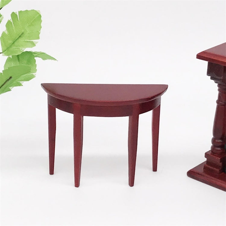 Dollhouse mini semicircular porch table in dark mahogany wood, front view with four legs