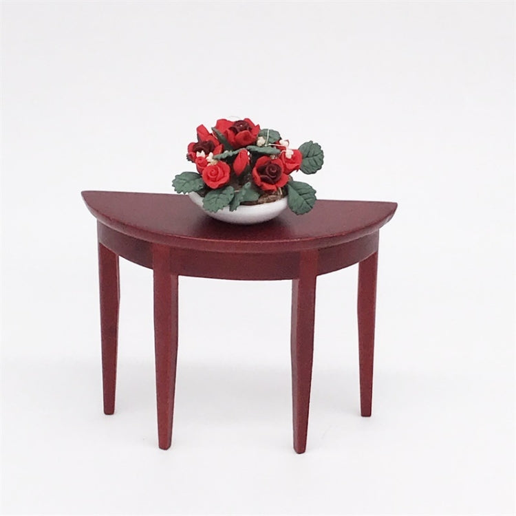 Dollhouse mini semicircular porch table with dark mahogany finish and red rose bouquet