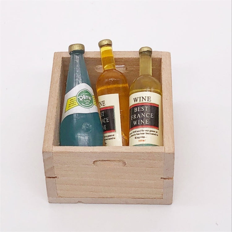 Mini wine drink toy set bottles in a wooden crate display