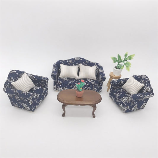 1:12 Doll House Furniture Decoration Three-piece Mimulation Sofa, Blue White Flower, Beautiful Flower Cluster, Fresh Big Flower Cluster, Water Jade, Square, Beautiful Vine