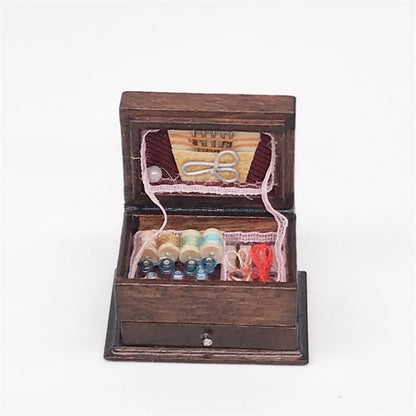 1:12 Mini House Toy Simulation Classical Solid Wood Chinese Retro Sewing Box, Sewing Box