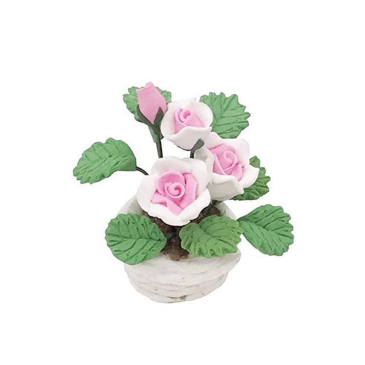 Mini potted rose ornament with pink-and-white blooms, green leaves, in a white stone pot