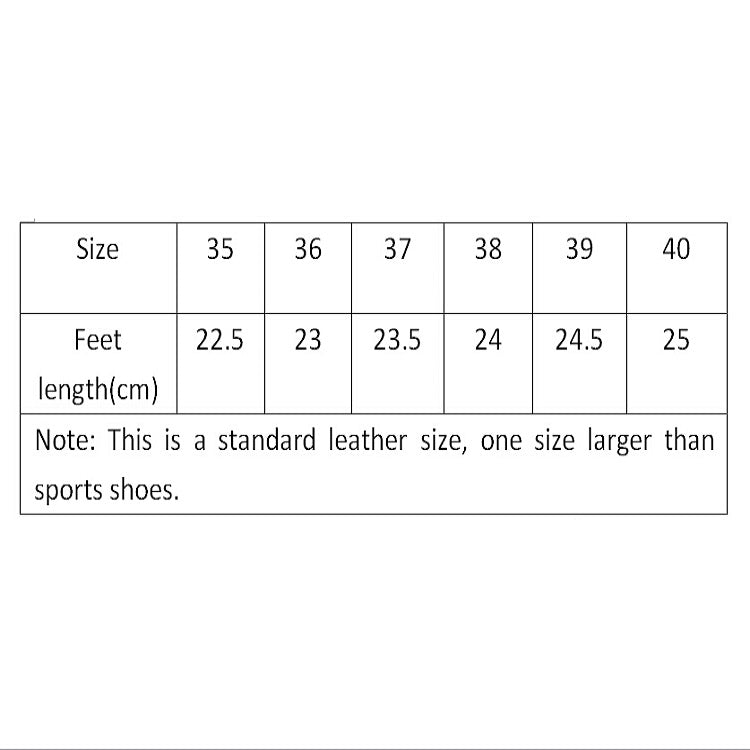 Shoe size chart: sizes 35–40 and foot length in cm