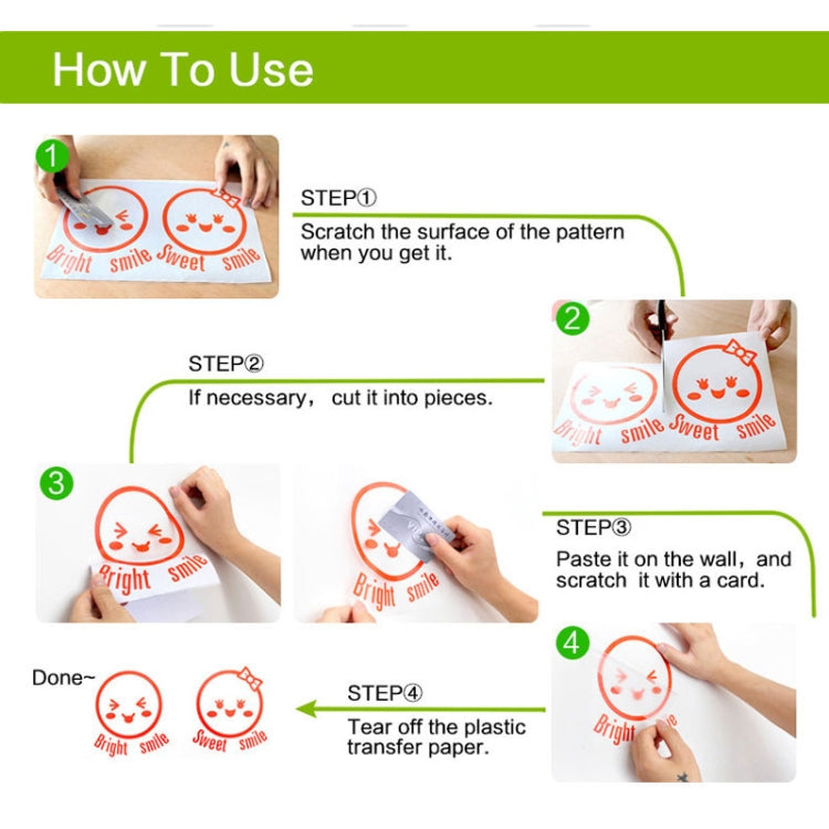 Wall sticker application guide with scratch, cut, paste, and peel step icons