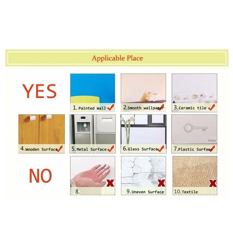 Wall sticker surface compatibility chart showing YES and NO for materials