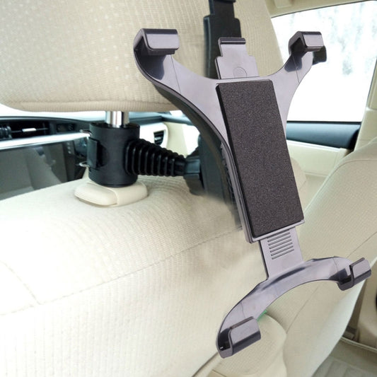 Car headrest tablet mount, adjustable black stand with side clamps
