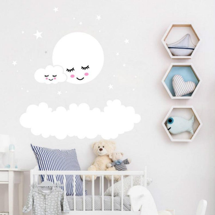White moon and cloud wall sticker with star speckles for nursery wall decor