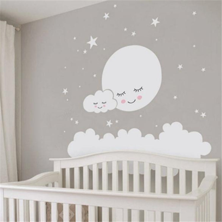 Gray moon and smiling cloud wall sticker with star accents for children’s room