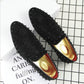 Men's pointed-toe rhinestone flats, black slip-on shoes with gold insole detail