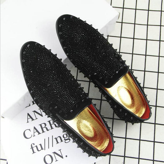 Men's pointed-toe rhinestone flats, black slip-on with gold insole detail
