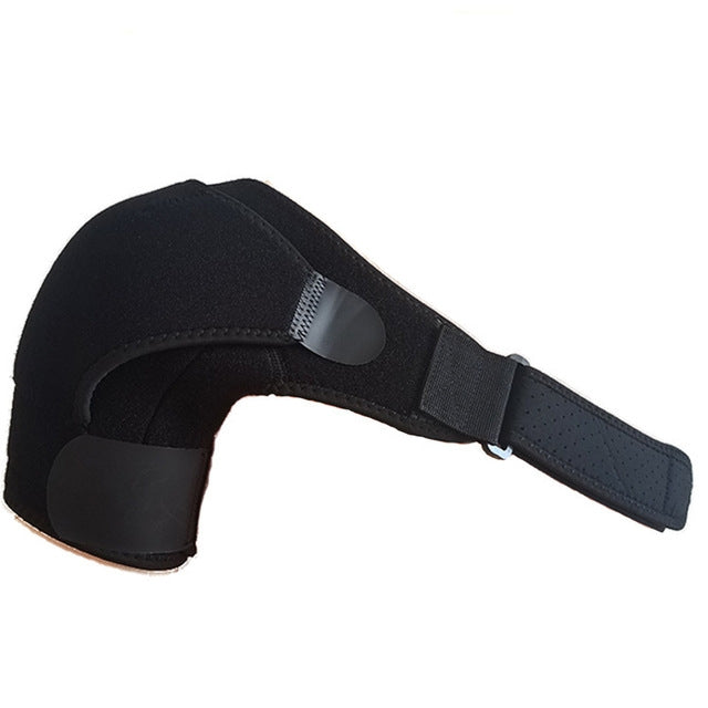 Black adjustable shoulder strap with padded arm-guard curve and buckle strap adjuster.