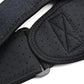 Black padded shoulder guard close-up with perforations and curved anti-scratch padding.