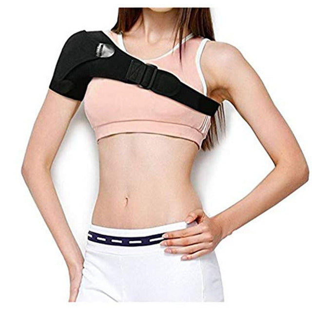 Black anti-scratch shoulder strap worn over sportswear, with padded shoulder guard.