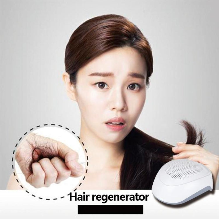 Laser hair regrowth helmet near woman’s head, white cap-style device