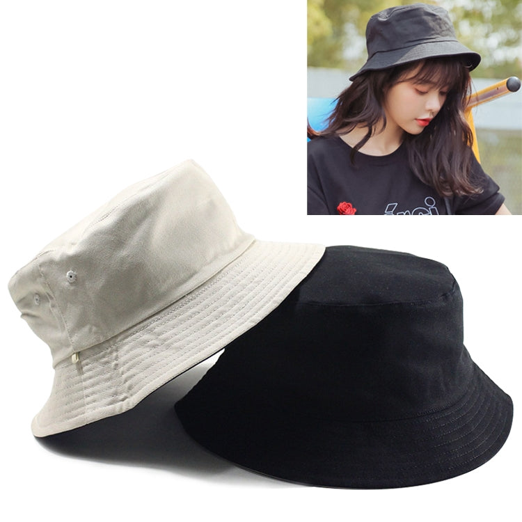 Cotton double-sided fisherman hat, light beige and black, wide brim with stitched texture