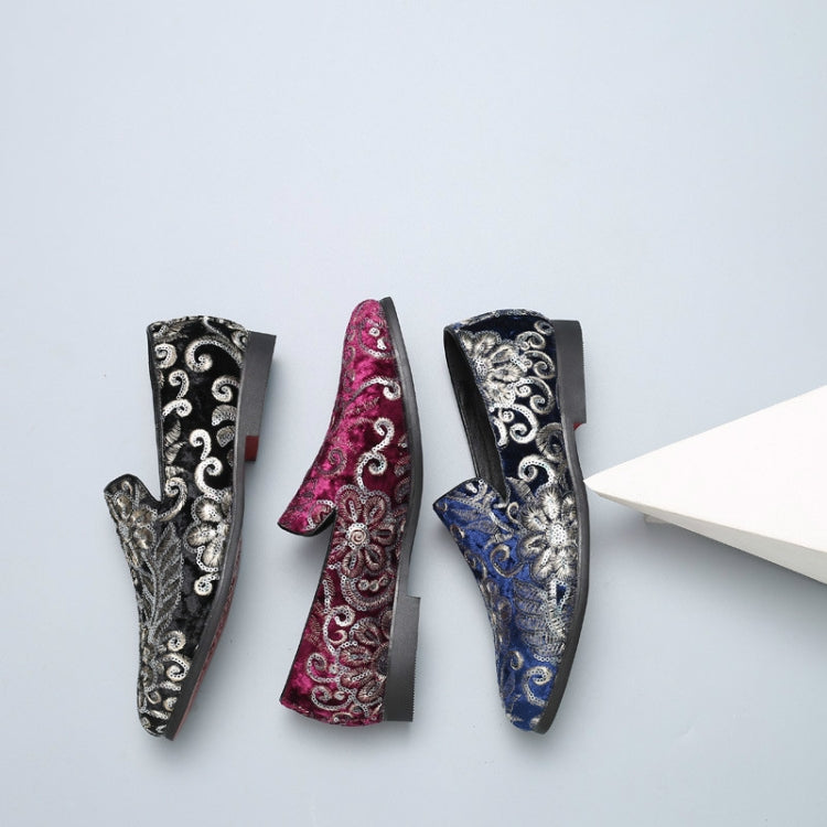 Set of glitter slip-on loafer shoes: black, pink, and blue with silver embroidery
