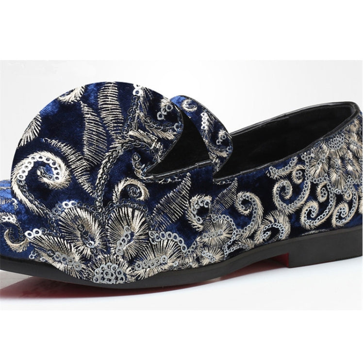 Blue glitter slip-on loafer shoes with ornate silver embroidery and low sole