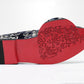 Blue patterned slip-on loafer outsole with red tread and textured finish