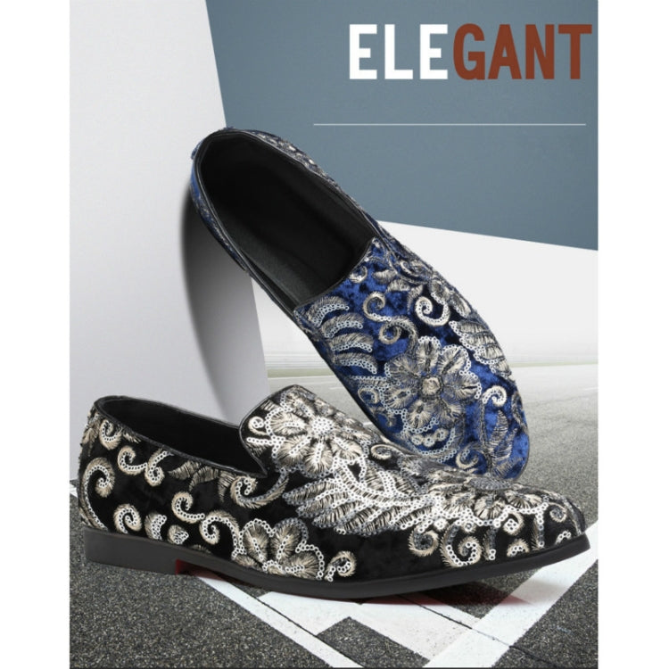Blue glitter slip-on loafer shoes with ornate silver embroidery and low sole