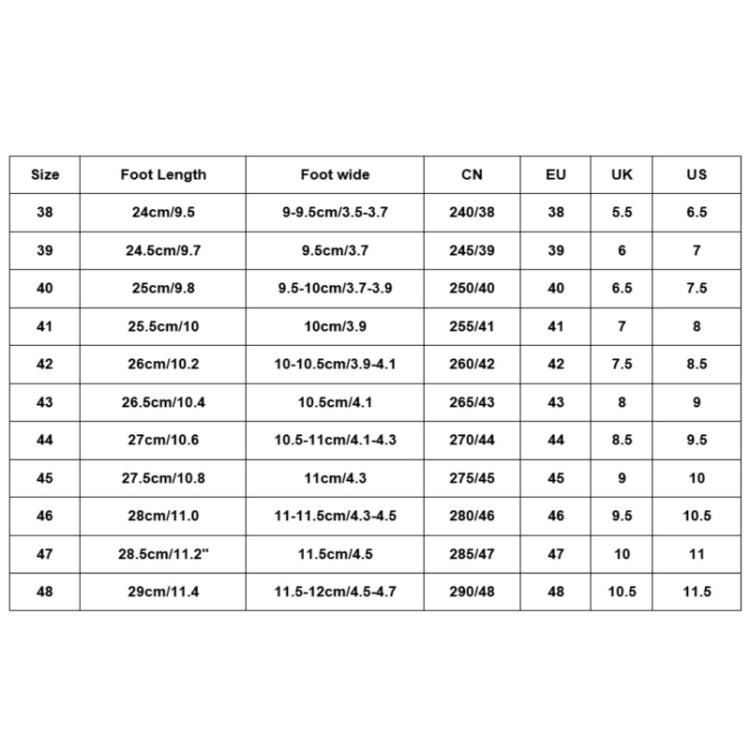 Shoe size chart with foot length, width, and CN/EU/UK/US sizes for men