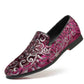 Glitter embroidered men's slip-on loafer shoe, burgundy with pink accents