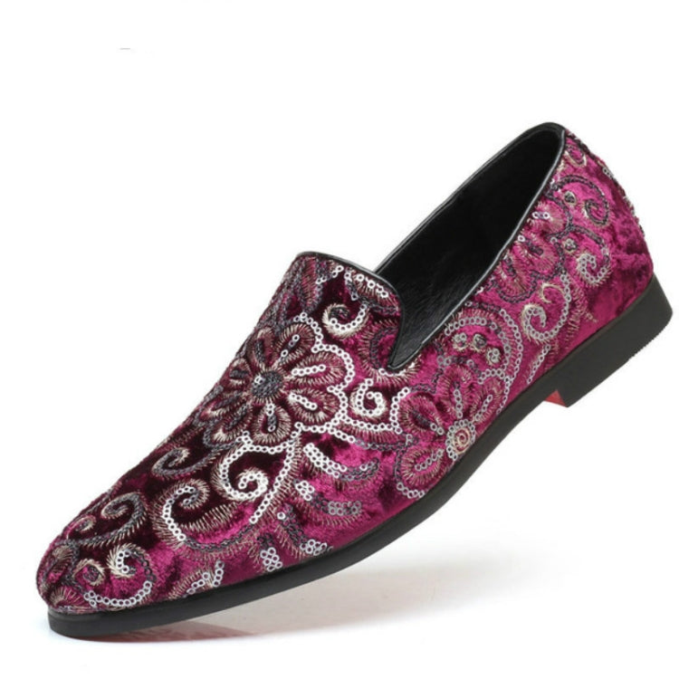 Glitter embroidered men's slip-on loafer shoe, burgundy with pink accents